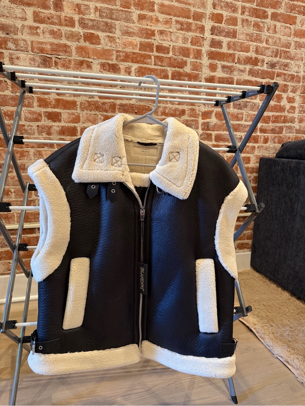 Blank NYC Black Faux Shearling Trim Vest with Cream Lining